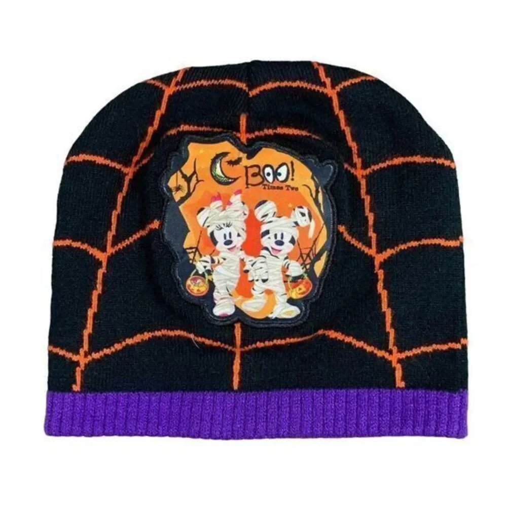 Disney Mickey Minnie Mouse Halloween Beanie Kids Black Mummy Spiderweb Knit Hat